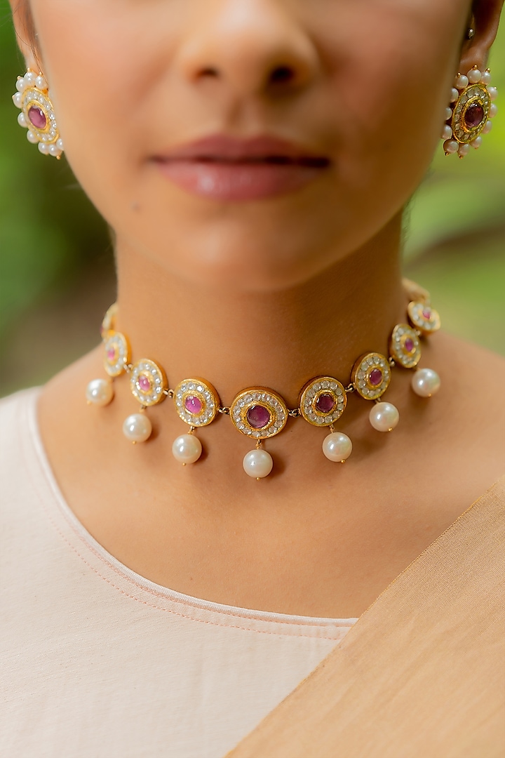 14kt Yellow Gold 24kt Natural Polki Diamond & Pearl Choker Necklace by UNCUT, by Aditi Amin