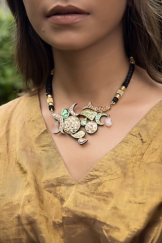 14kt Yellow Gold 24kt Natural Ruby & Emerald Crescent Choker Necklace by UNCUT, by Aditi Amin