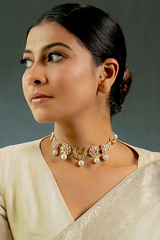 14kt Yellow Gold 24kt Natural Polki Diamond & Natural Ruby Choker Necklace by UNCUT, by Aditi Amin