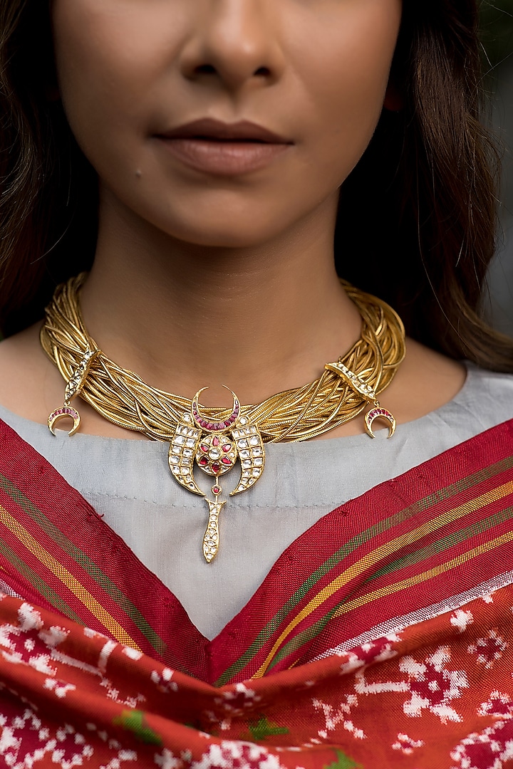 14kt Yellow Gold 24kt Natural Polki Diamond & Natural Ruby Necklace by UNCUT, by Aditi Amin