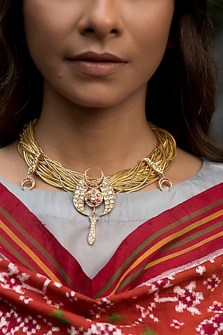14kt Yellow Gold 24kt Natural Polki Diamond & Natural Ruby Necklace by UNCUT, by Aditi Amin