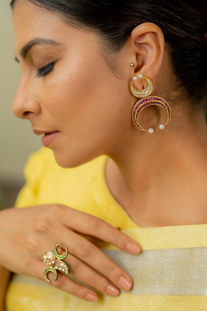 14kt Yellow Gold 24kt Natural Polki Diamond & Natural Ruby Stud Earrings by UNCUT, by Aditi Amin at Pernia's Pop Up Shop