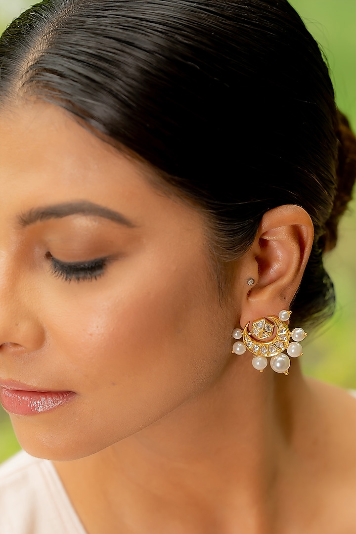 14kt Yellow Gold 24kt Natural Polki Diamond & Pearl Stud Earrings by UNCUT, by Aditi Amin