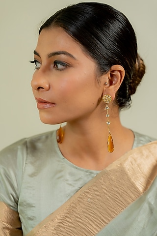 14kt Yellow Gold 24kt Natural Polki Diamond & Thermal Yellow Topaz Drop Dangler Earrings by UNCUT, by Aditi Amin