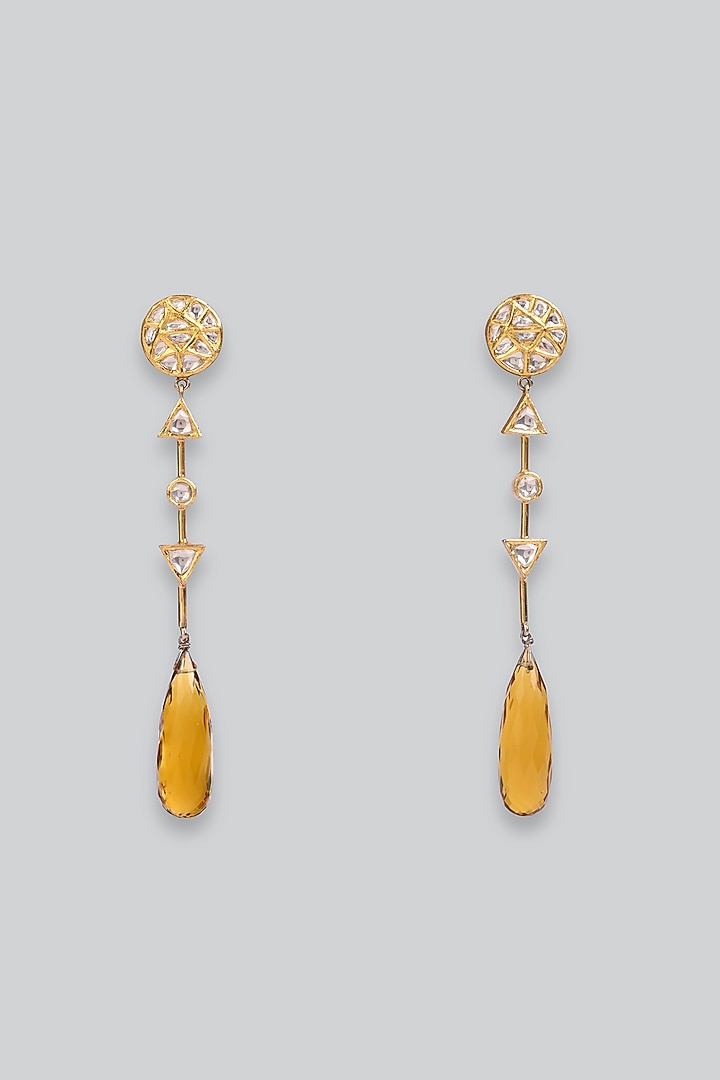 14kt Yellow Gold 24kt Natural Polki Diamond & Thermal Yellow Topaz Drop Dangler Earrings by UNCUT, by Aditi Amin at Pernia's Pop Up Shop