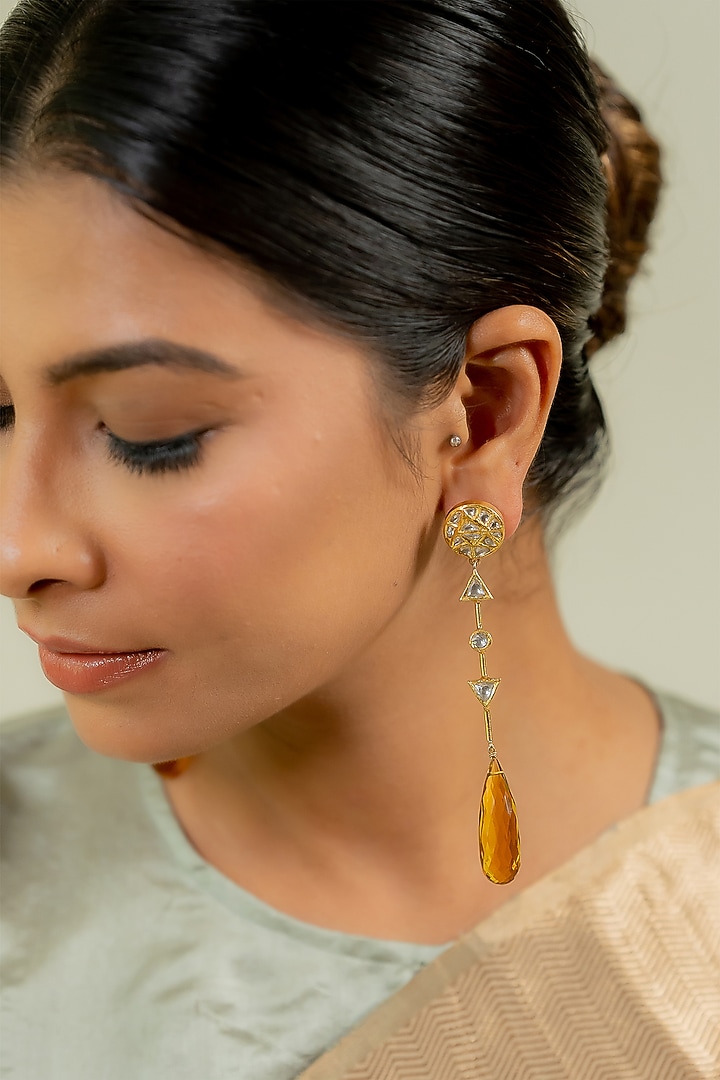 14kt Yellow Gold 24kt Natural Polki Diamond & Thermal Yellow Topaz Drop Dangler Earrings by UNCUT, by Aditi Amin at Pernia's Pop Up Shop