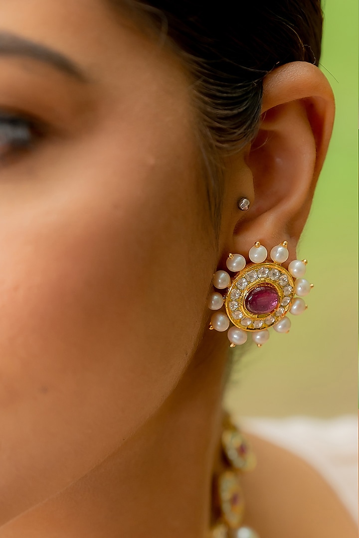 14kt Yellow Gold 24kt Natural Ruby & Emerald Polki Stud Earrings by UNCUT, by Aditi Amin