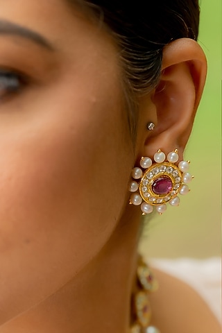 14kt Yellow Gold 24kt Natural Ruby & Emerald Polki Stud Earrings by UNCUT, by Aditi Amin