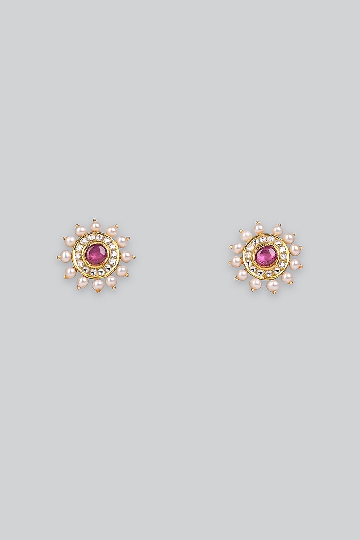 14kt Yellow Gold 24kt Natural Ruby & Emerald Polki Stud Earrings by UNCUT, by Aditi Amin at Pernia's Pop Up Shop