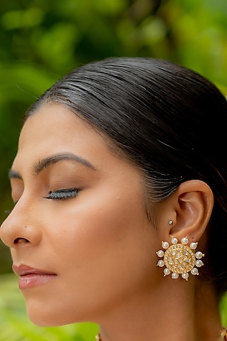 14kt Yellow Gold 24kt Natural Polki Diamond & Pearl Stud Earrings by UNCUT, by Aditi Amin