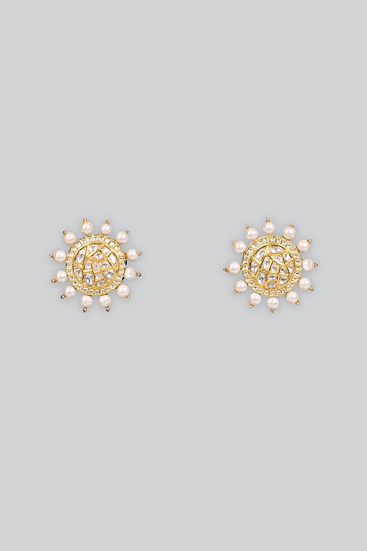 14kt Yellow Gold 24kt Natural Polki Diamond & Pearl Stud Earrings by UNCUT, by Aditi Amin at Pernia's Pop Up Shop