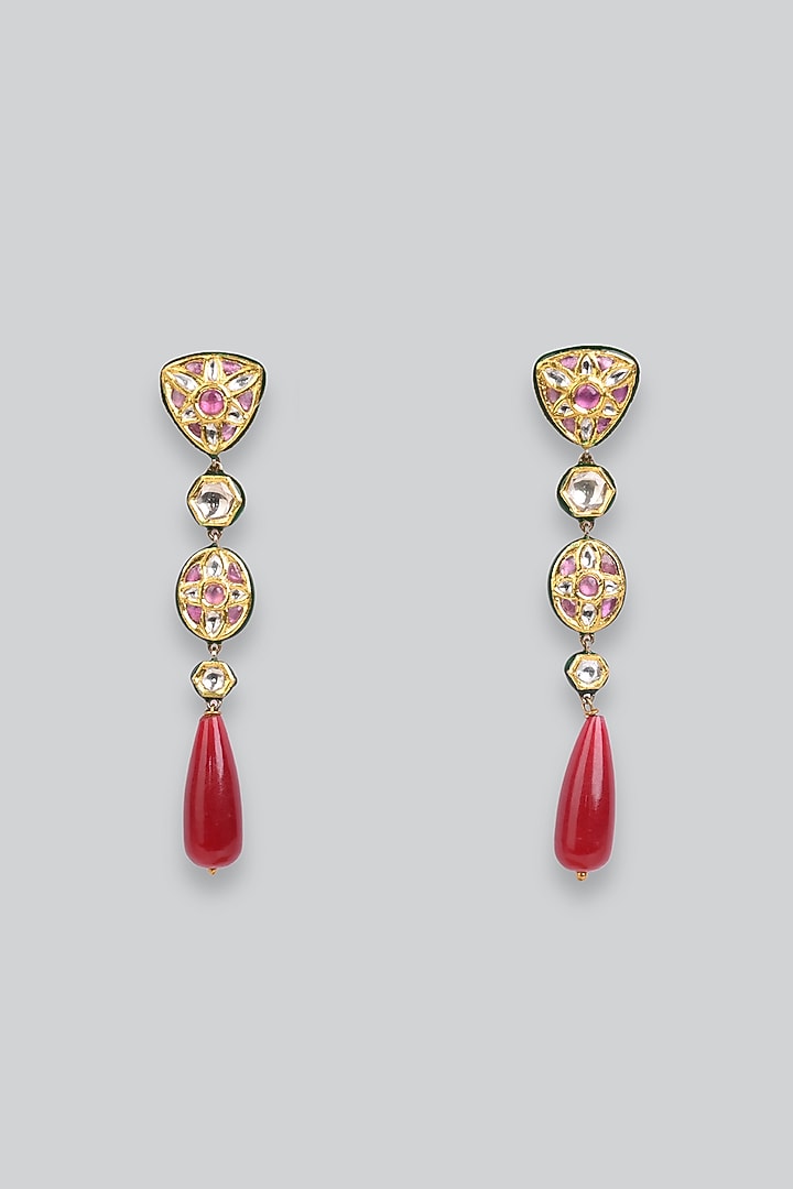 14kt Yellow Gold 24kt Natural Polki Diamond & Natural Ruby Dangler Earrings by UNCUT, by Aditi Amin at Pernia's Pop Up Shop