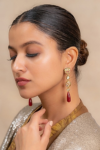 14kt Yellow Gold 24kt Natural Polki Diamond & Natural Ruby Dangler Earrings by UNCUT, by Aditi Amin