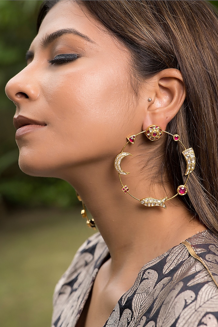 14kt Yellow Gold 24kt Natural Polki Diamond & Natural Ruby Oversized Hoop Earrings by UNCUT, by Aditi Amin