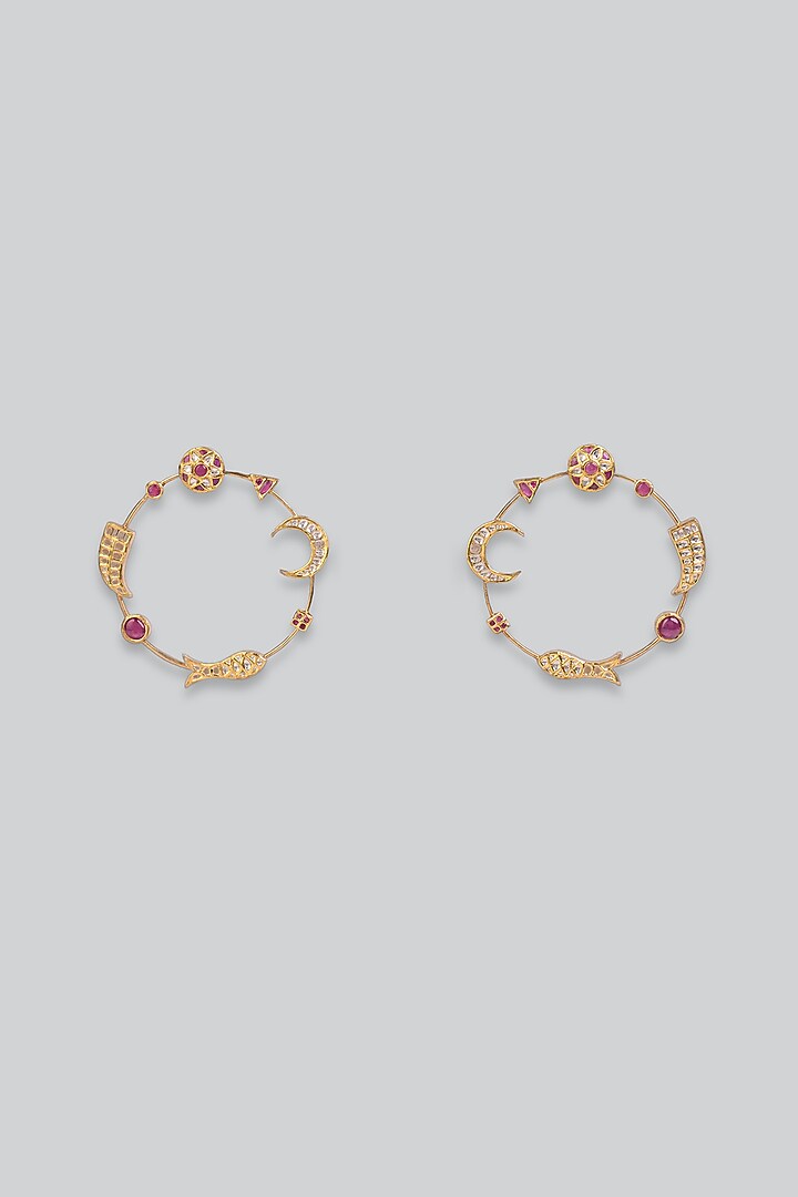 14kt Yellow Gold 24kt Natural Polki Diamond & Natural Ruby Oversized Hoop Earrings by UNCUT, by Aditi Amin at Pernia's Pop Up Shop