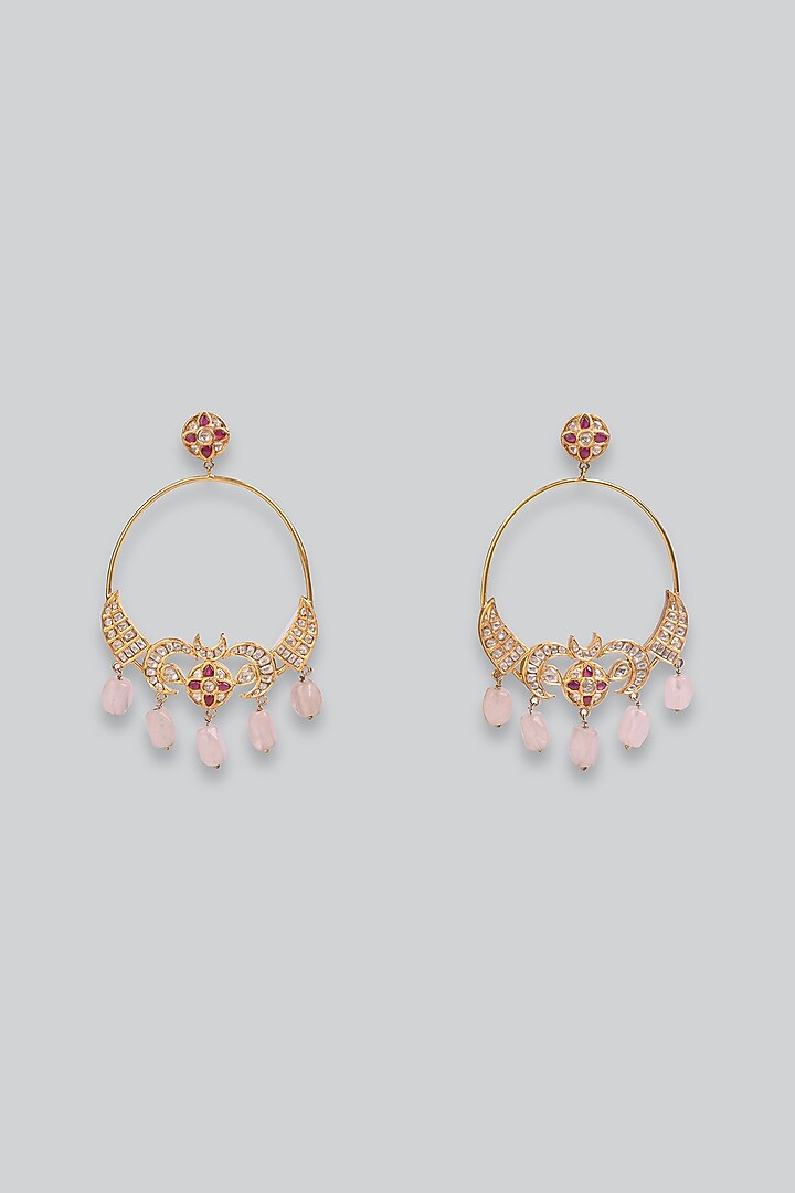14kt Yellow Gold 24kt Natural Polki Diamond & Natural Ruby Chandbali Earrings by UNCUT, by Aditi Amin at Pernia's Pop Up Shop