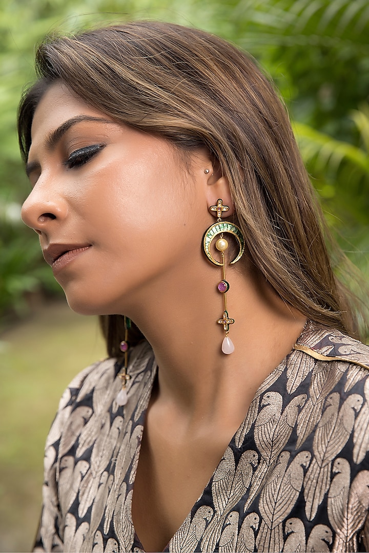 14kt Yellow Gold 24kt Natural Ruby & Emerald Polki Dangler Earrings by UNCUT, by Aditi Amin