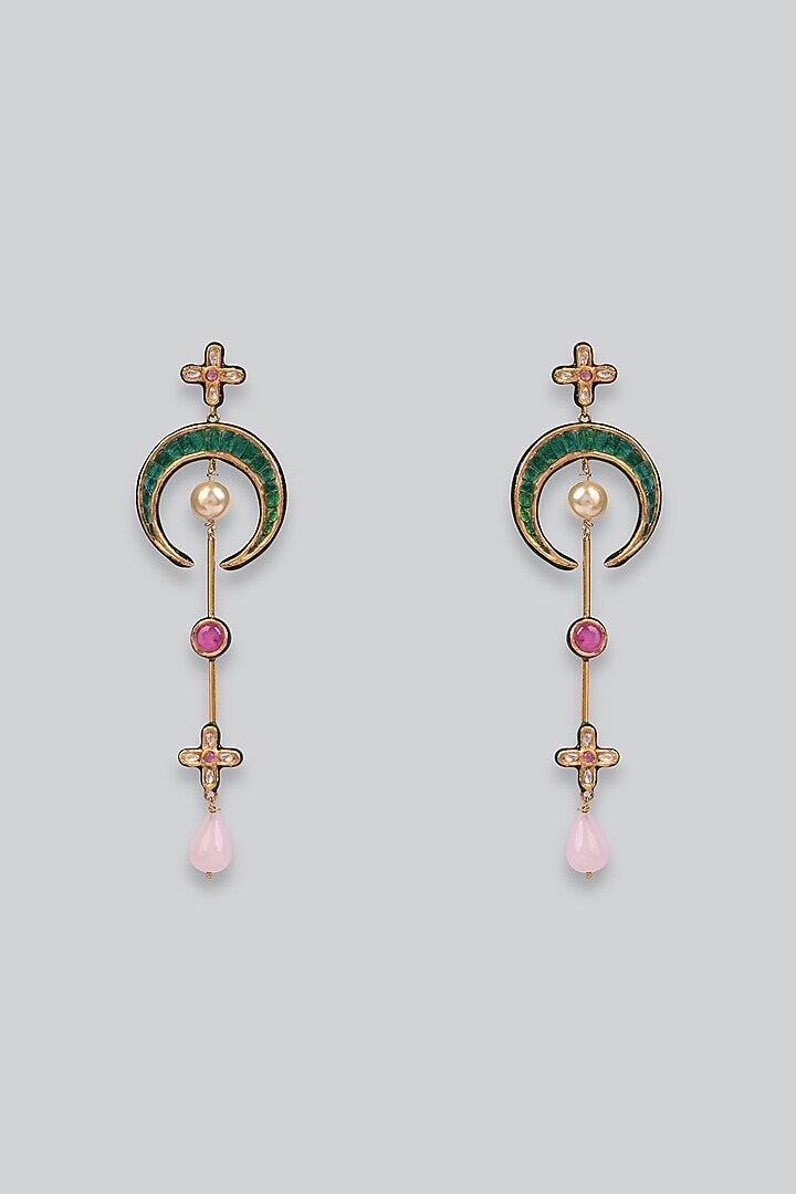 14kt Yellow Gold 24kt Natural Ruby & Emerald Polki Dangler Earrings by UNCUT, by Aditi Amin at Pernia's Pop Up Shop