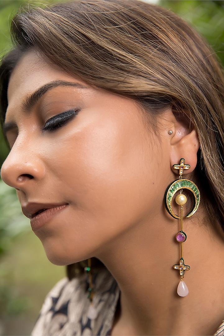 14kt Yellow Gold 24kt Natural Ruby & Emerald Polki Dangler Earrings by UNCUT, by Aditi Amin at Pernia's Pop Up Shop