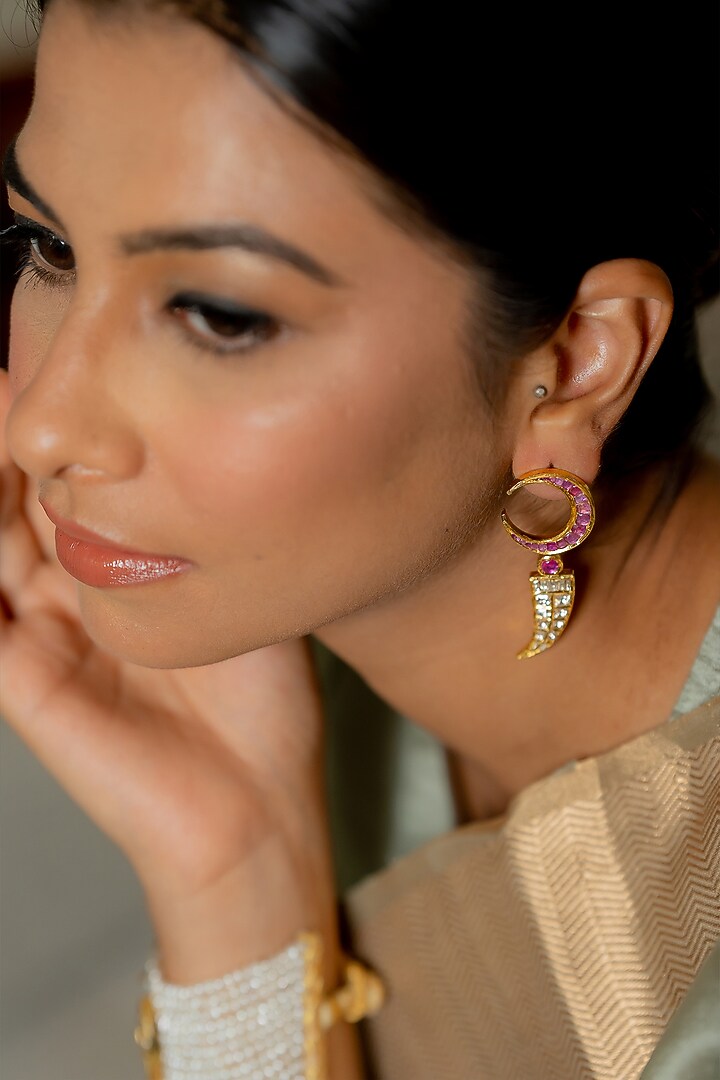 14kt Yellow Gold 24kt Natural Polki Diamond & Natural Ruby Stud Earrings by UNCUT, by Aditi Amin at Pernia's Pop Up Shop