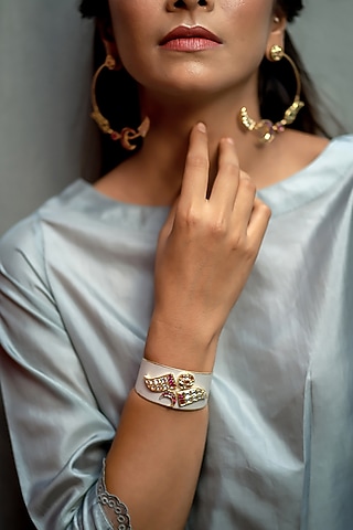 14kt White Gold 24kt Natural Polki Diamond & Natural Ruby Cuff In Sterling Silver by UNCUT, by Aditi Amin