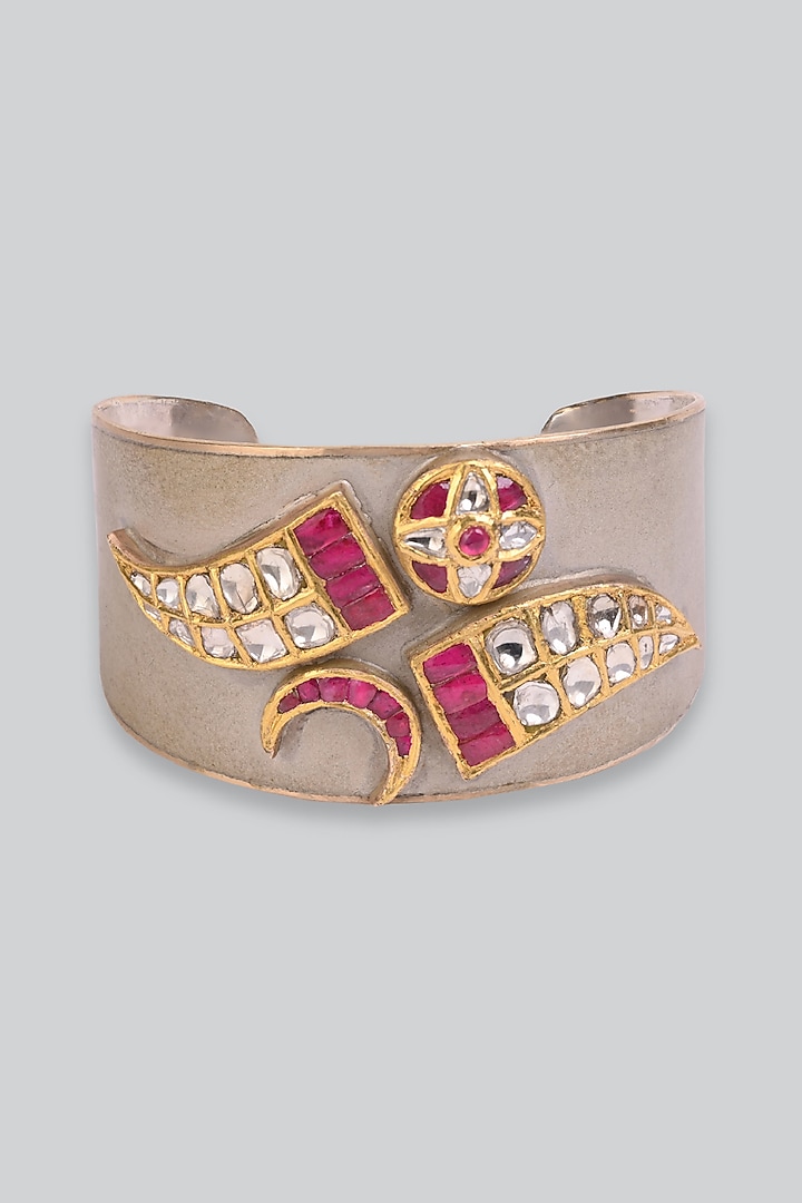 14kt White Gold 24kt Natural Polki Diamond & Natural Ruby Cuff In Sterling Silver by UNCUT, by Aditi Amin at Pernia's Pop Up Shop