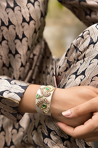 14kt White Gold 24kt Natural Ruby & Emerald Polki Cuff In Sterling Silver by UNCUT, by Aditi Amin