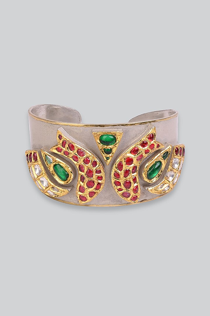14kt White Gold 24kt Natural Ruby & Emerald Polki Cuff In Sterling Silver by UNCUT, by Aditi Amin at Pernia's Pop Up Shop