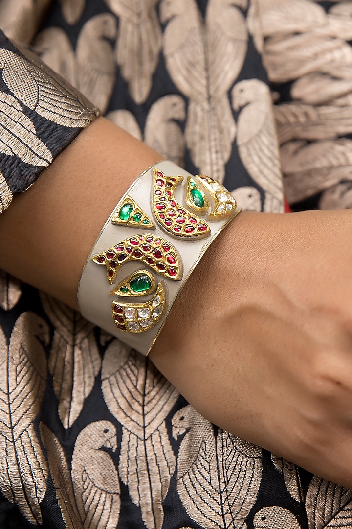 14kt White Gold 24kt Natural Ruby & Emerald Polki Cuff In Sterling Silver by UNCUT, by Aditi Amin at Pernia's Pop Up Shop