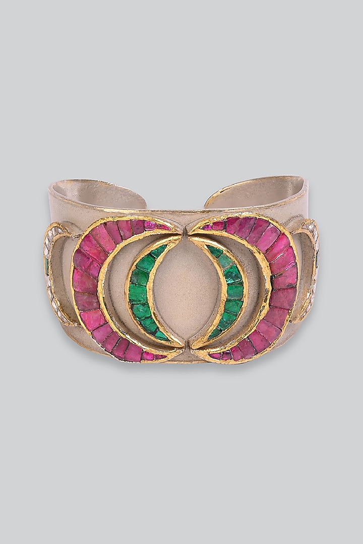14kt White Gold 24kt Natural Ruby & Emerald Polki Cuff In Sterling Silver by UNCUT, by Aditi Amin at Pernia's Pop Up Shop