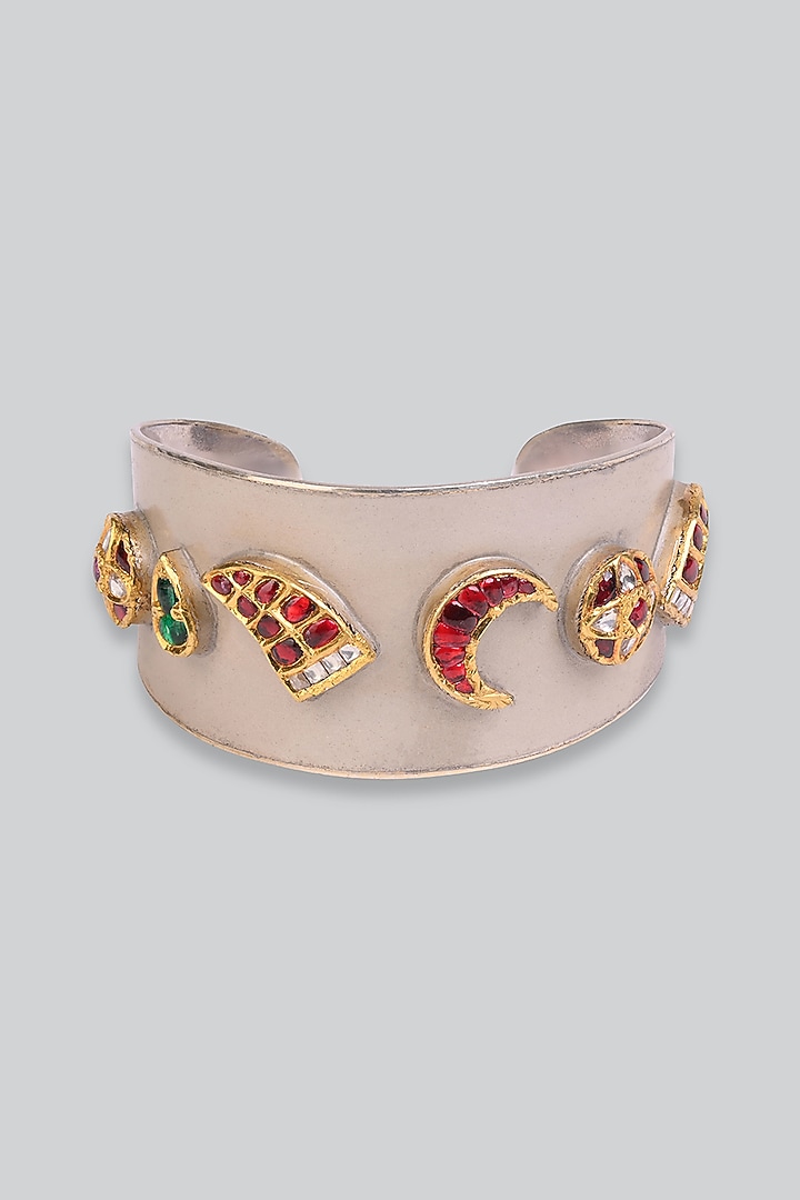14kt White Gold 24kt Natural Ruby & Emerald Polki Cuff In Sterling Silver by UNCUT, by Aditi Amin at Pernia's Pop Up Shop