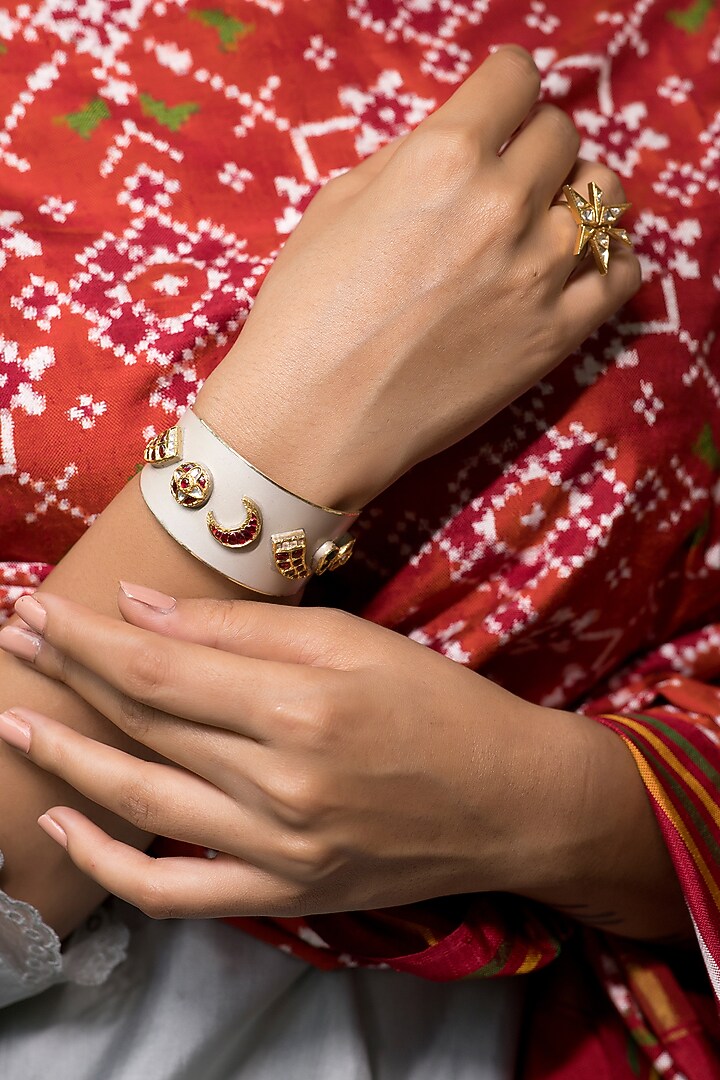 14kt White Gold 24kt Natural Ruby & Emerald Polki Cuff In Sterling Silver by UNCUT, by Aditi Amin at Pernia's Pop Up Shop