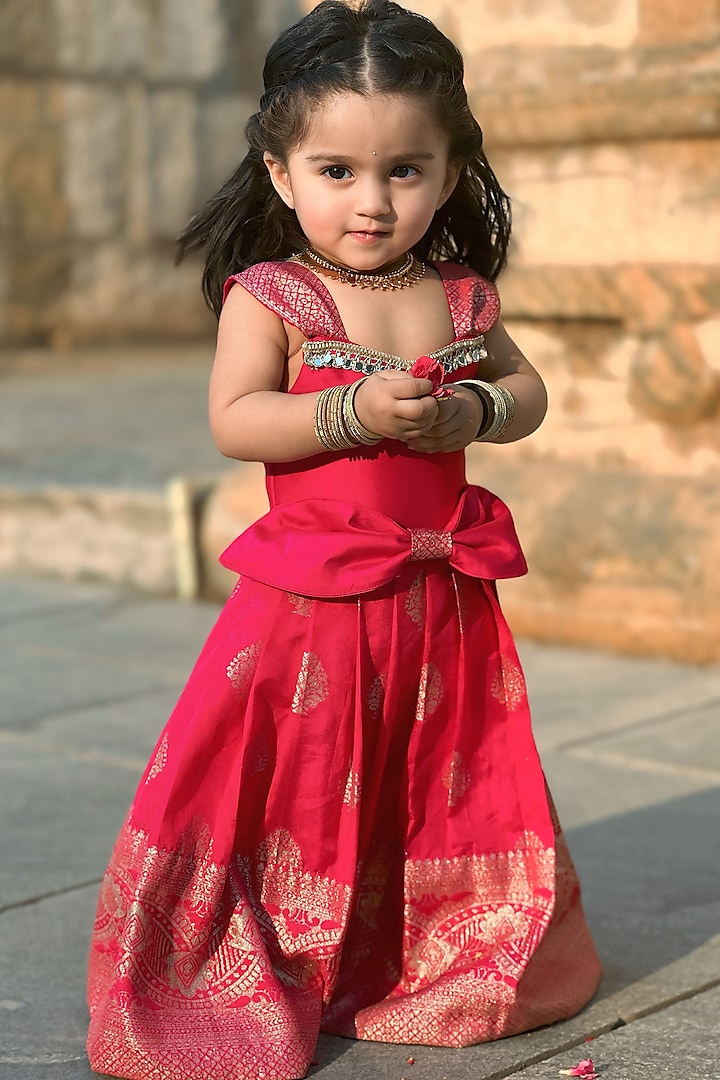 Pink Taffeta Silk Printed Bow Dress For Girls by UHA Kids at Pernia's Pop Up Shop