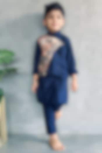 Blue Cotton Embroidered Straight Kurta Set For Boys by UHA Kids at Pernia's Pop Up Shop