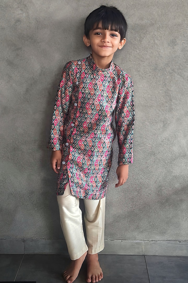 Multi-Colored Silk Blend Motif Printed Kurta Set For Boys by UHA Kids at Pernia's Pop Up Shop