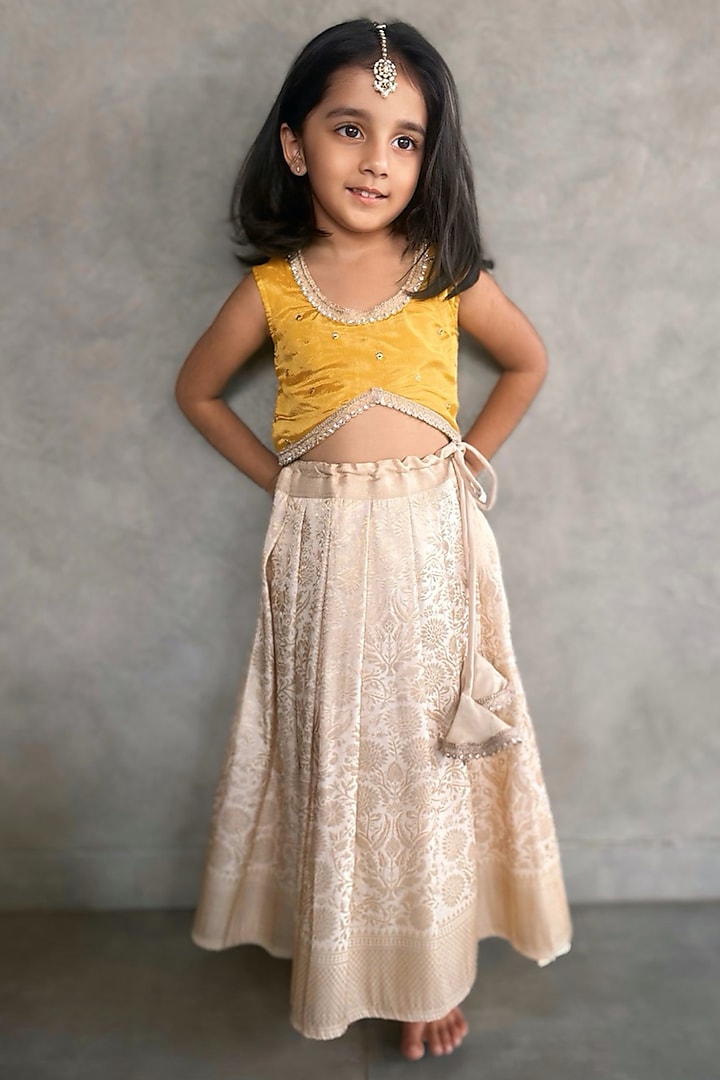 Beige Silk Blend Lehenga Set For Girls by UHA Kids at Pernia's Pop Up Shop