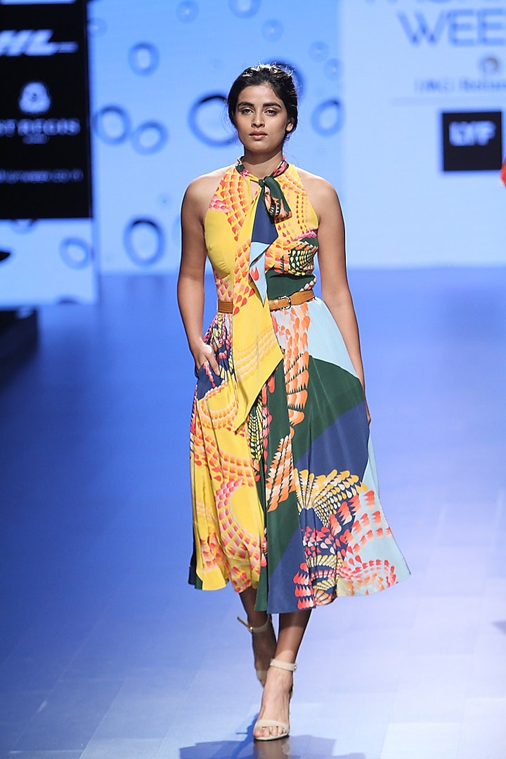 Multicolor Colorblocked Droplet Tie Up Dress by Urvashi Joneja-Custom Made