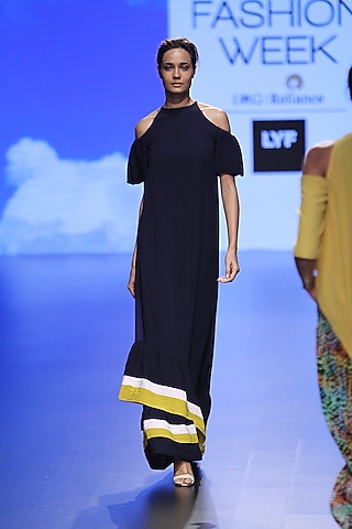 Navy Stripe Cold Shoulder Gown by 2524