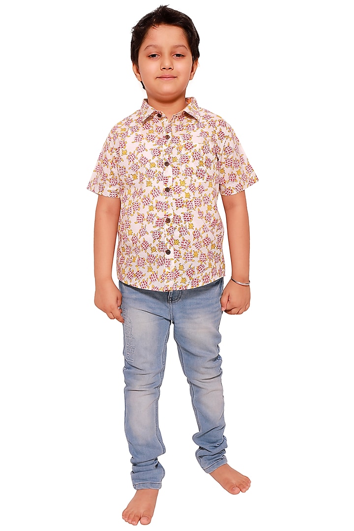 Beige Block Printed Shirt For Boys by My Litte Lambs