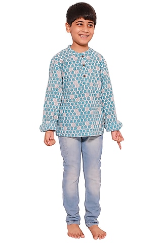 Sky Blue Block Printed Shirt For Boys by My Litte Lambs
