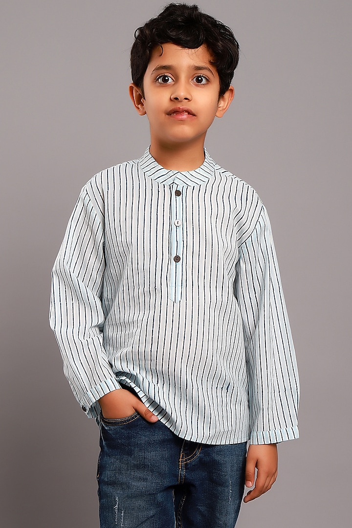 Powder Blue Cotton Block Printed Shirt For Boys by My Litte Lambs