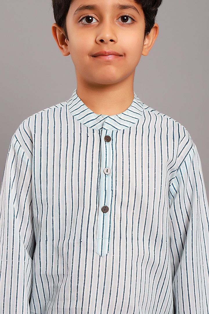 Powder Blue Cotton Block Printed Shirt For Boys by My Litte Lambs at Pernia's Pop Up Shop