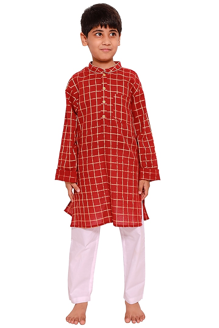 Red Cotton Kurta Set For Boys by My Litte Lambs