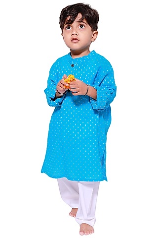 Turquoise Dobby Cotton Kurta Set For Boys by My Litte Lambs