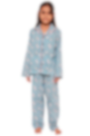 Powder Blue Block Printed Pant Set by My Litte Lambs at Pernia's Pop Up Shop