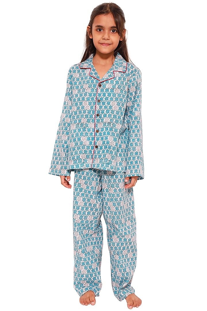 Powder Blue Block Printed Pant Set by My Litte Lambs at Pernia's Pop Up Shop