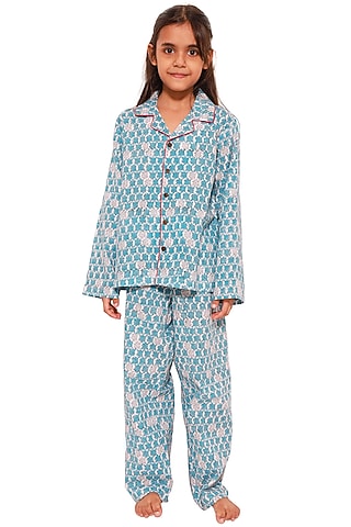 Powder Blue Block Printed Pant Set by My Litte Lambs
