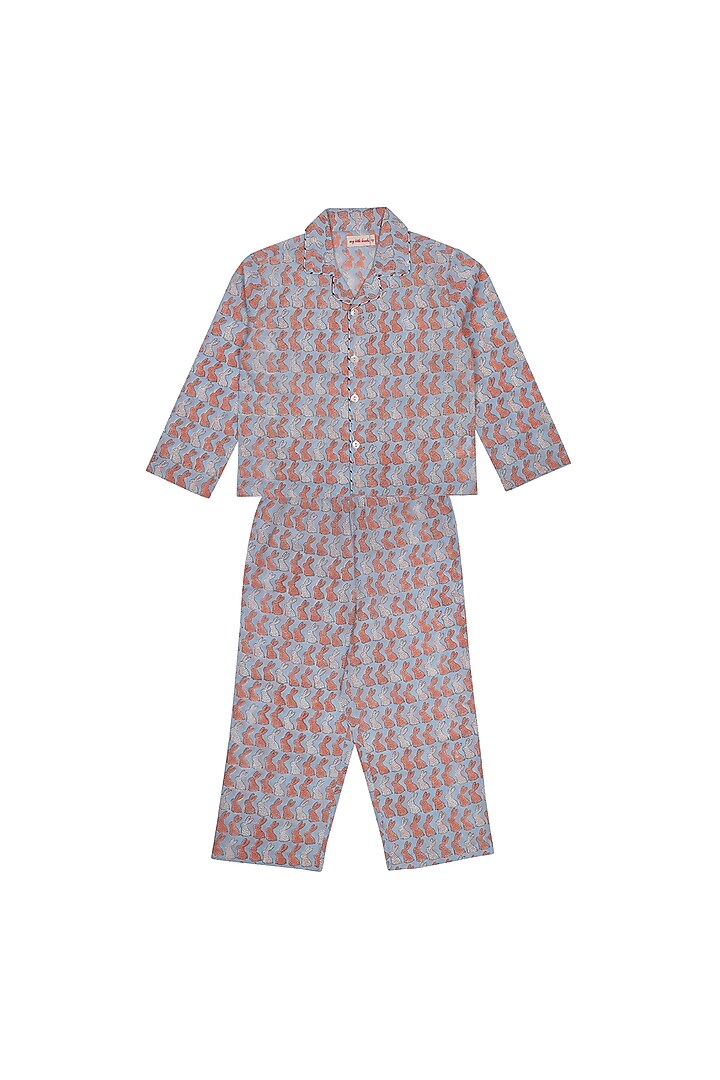 Dull Blue Block Printed Pant Set by My Litte Lambs at Pernia's Pop Up Shop