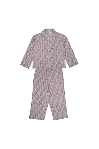 Dull Blue Block Printed Pant Set by My Litte Lambs