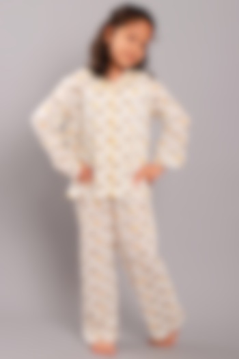 Beige Cotton Block Printed Pant Set by My Litte Lambs at Pernia's Pop Up Shop
